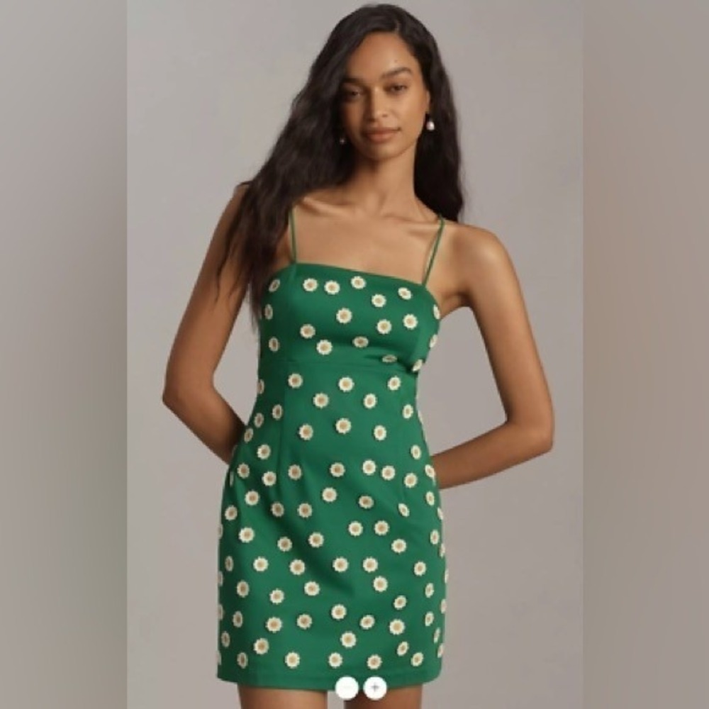 Maeve Anthropologie Brynne Mini Dress 12 Green Daisy‎ 3D Applique Sheath NWT ~